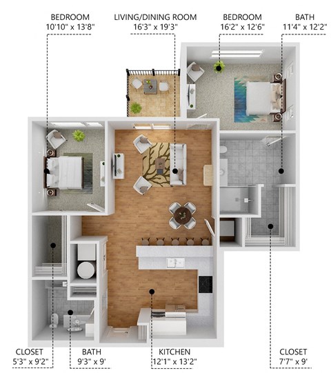 Floor plan for 2 beds, 2 baths, 1139 sqft